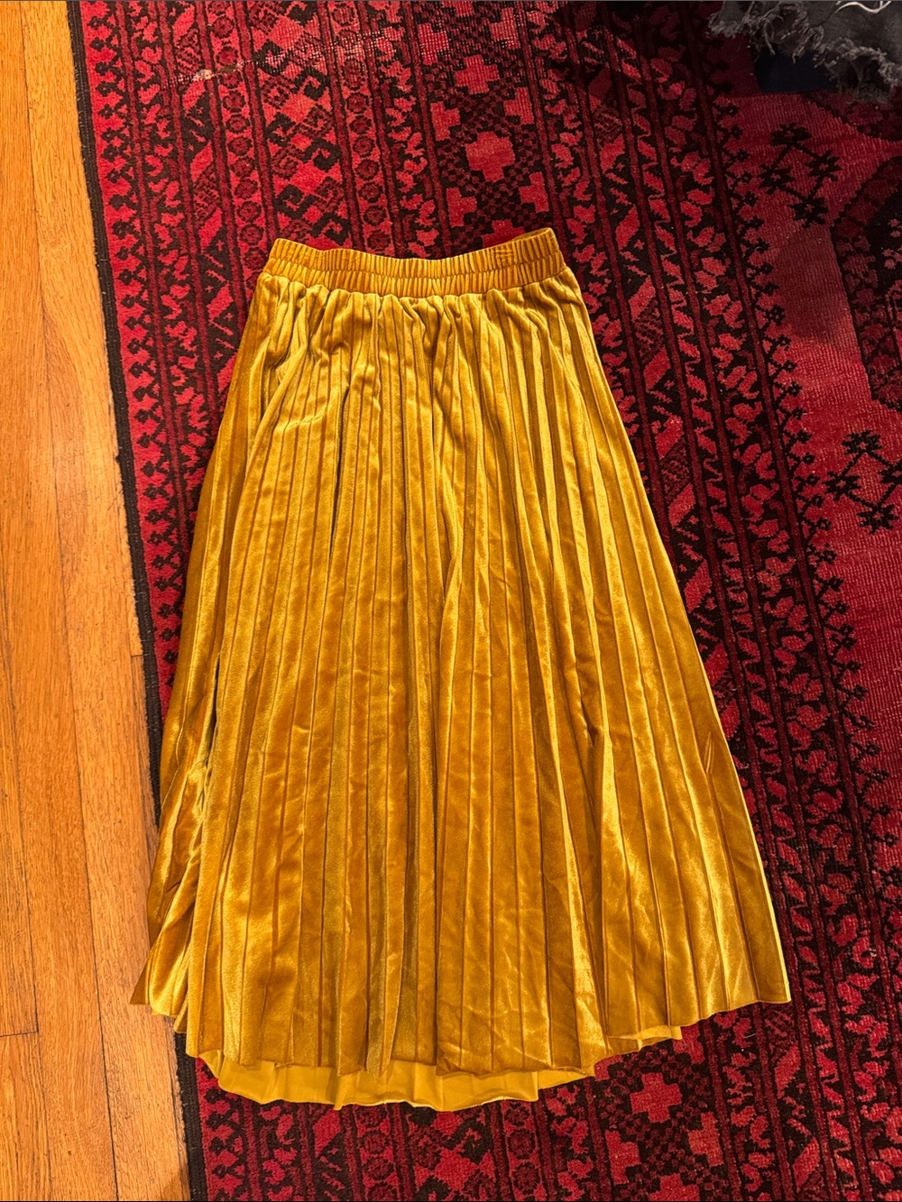 Pleated Velvet Midi Skirt in Mustard Yellow